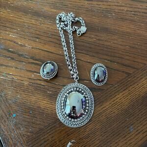 Vintage Whiting & Davis Silver Tone Hematite Oval Cabochon Pendant Necklace